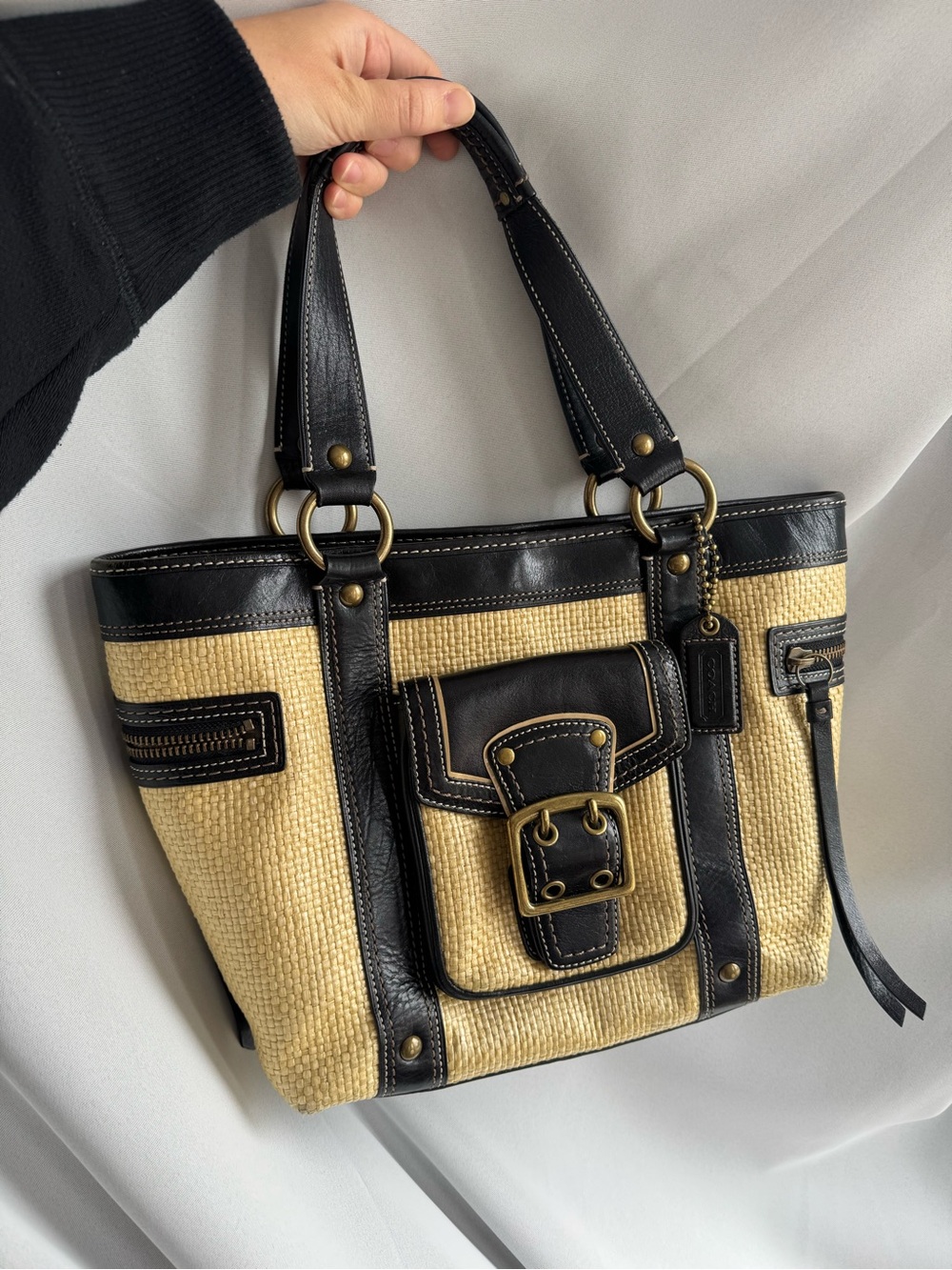 Coach Beige Woven Tote with Black Leather Trim